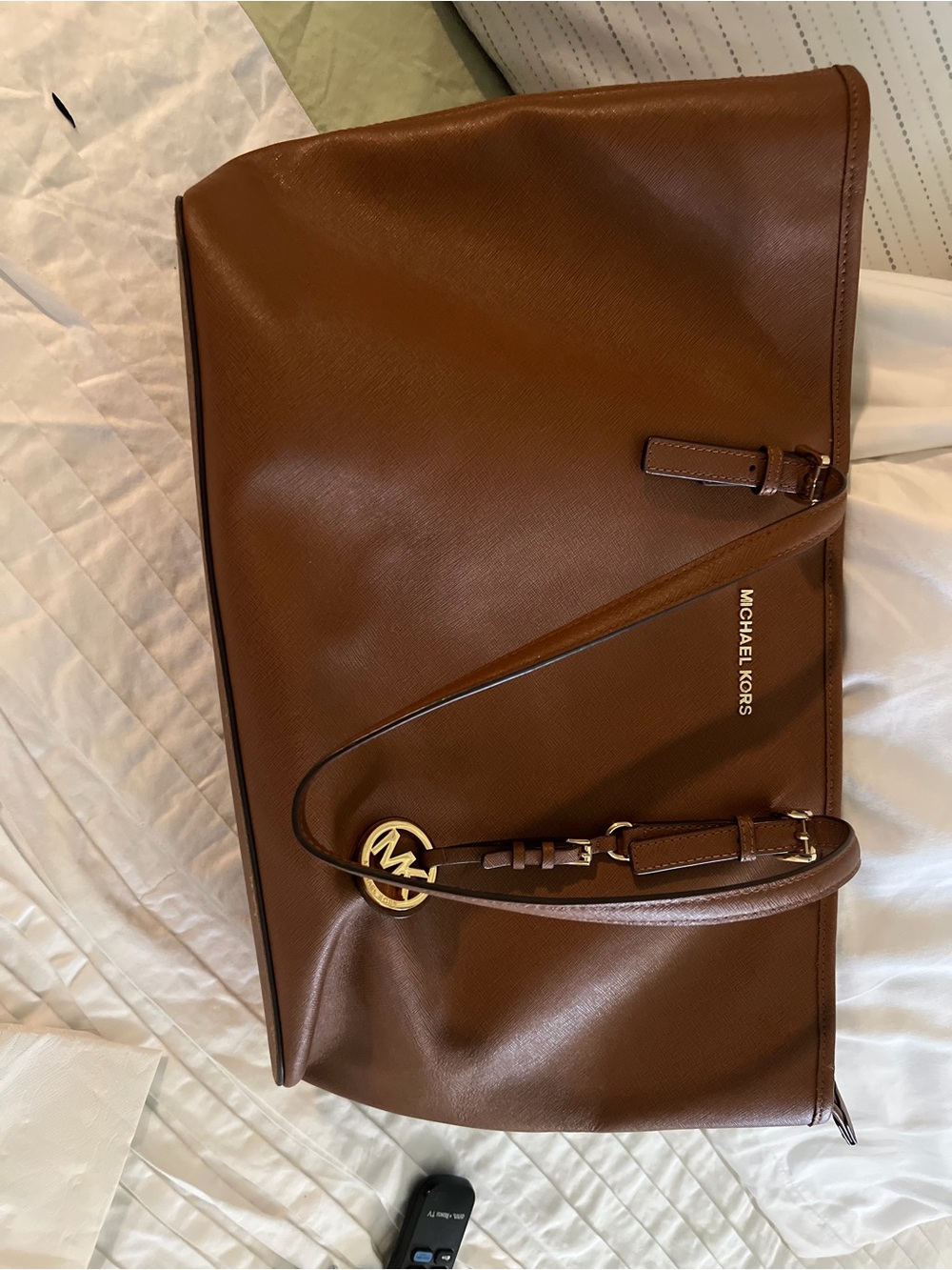 Michael Kors Brown Saffiano Leather Tote with Gold Logo Charm